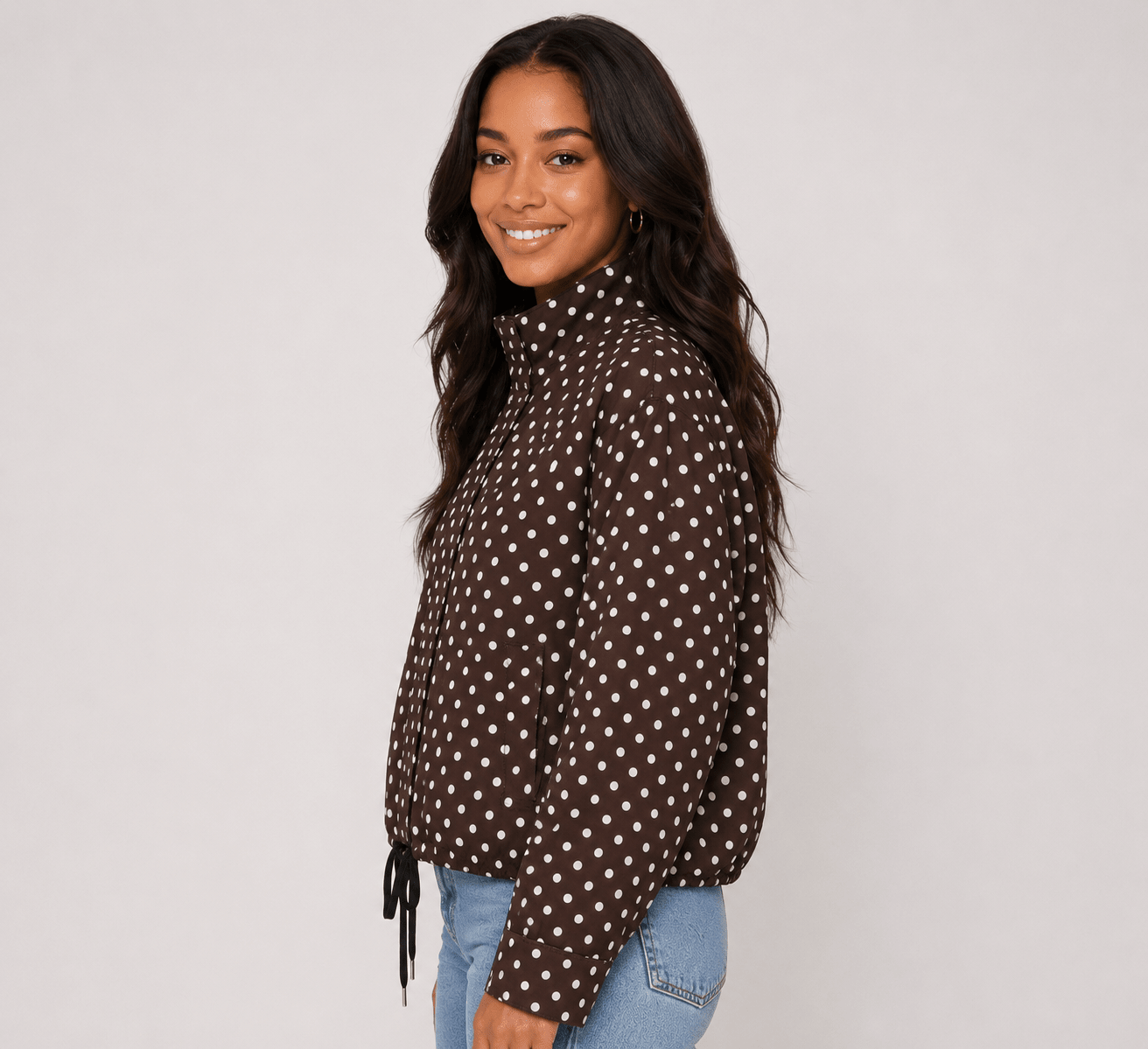 Women's Clothing Stand-Up Collar Polka Dot Bubble Gauze Jacket Pilot-Style Coat - Edin London