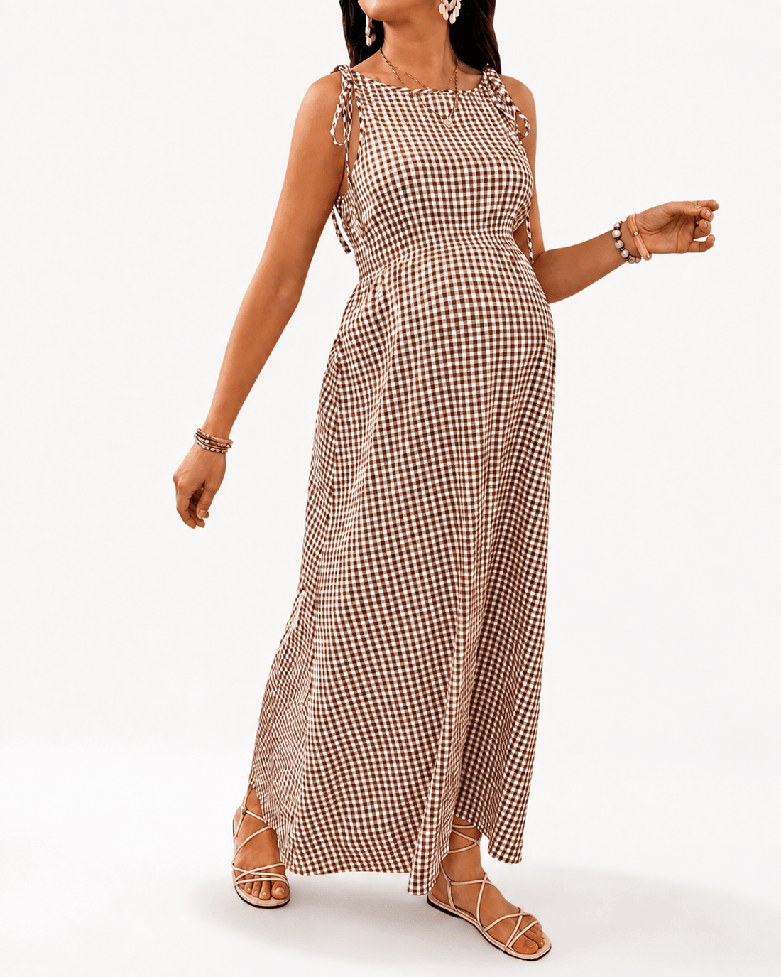 Women's Comfortable Brown Gingham Maternity Midi Dress For Summer Holidays - Edin London