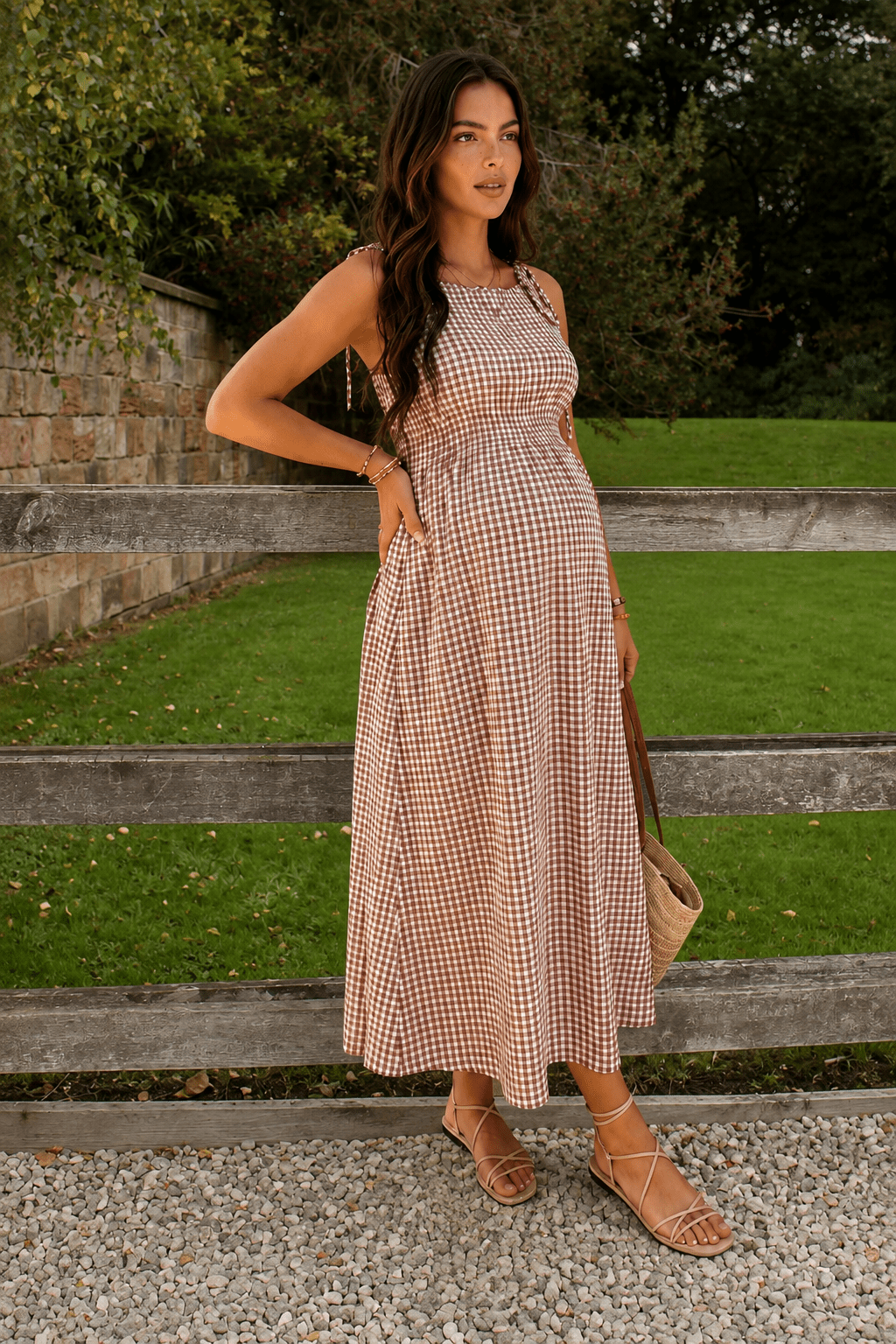 Women's Comfortable Brown Gingham Maternity Midi Dress For Summer Holidays - Edin London