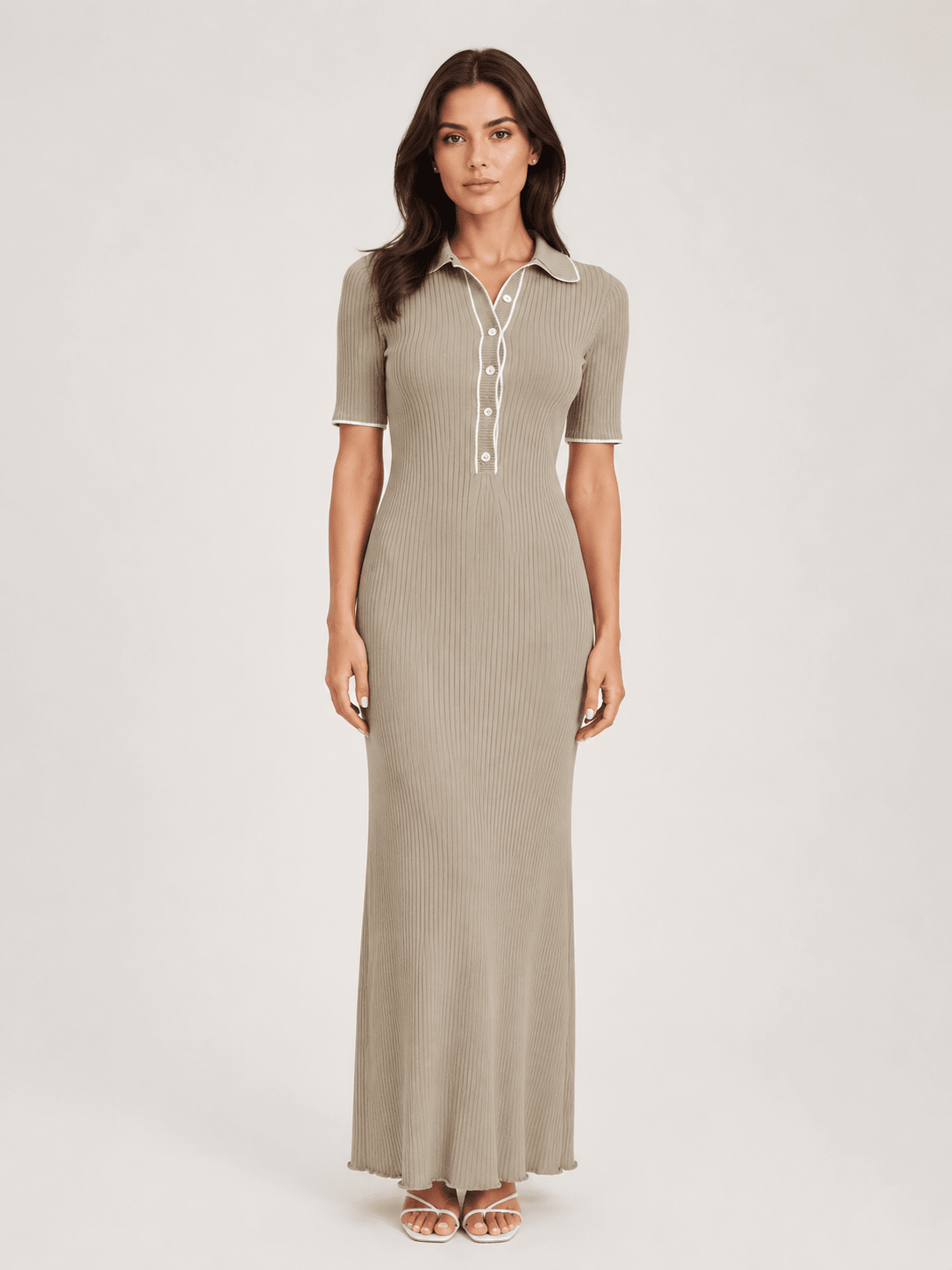 Women's Contrast Panel Knitted Midi Dress – Button Front Short Sleeve Bodycon Workwear Dress - Edin London