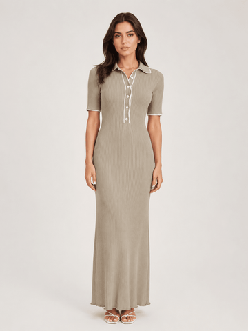 Women's Contrast Panel Knitted Midi Dress – Button Front Short Sleeve Bodycon Workwear Dress - Edin London