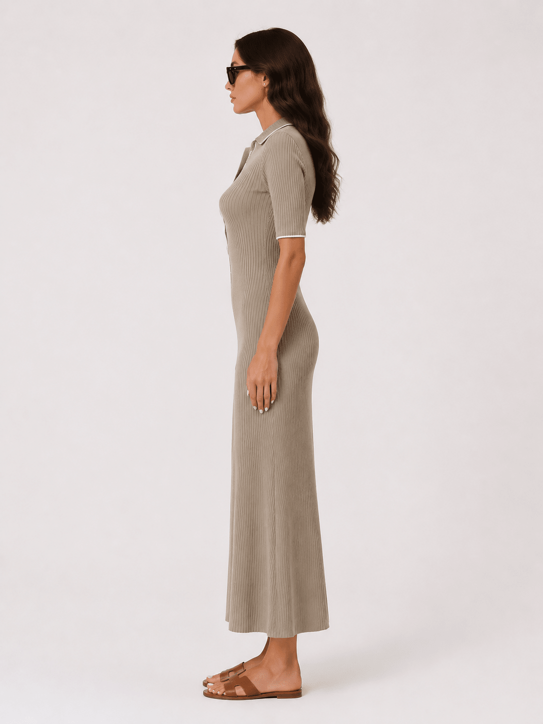 Women's Contrast Panel Knitted Midi Dress – Button Front Short Sleeve Bodycon Workwear Dress - Edin London