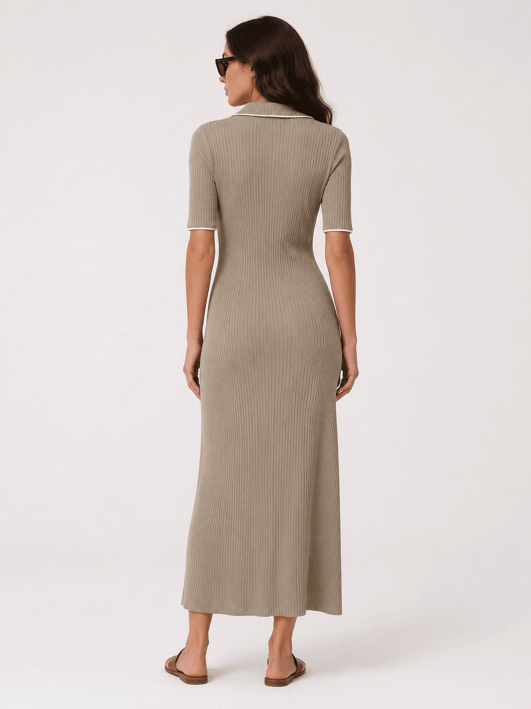 Women's Contrast Panel Knitted Midi Dress – Button Front Short Sleeve Bodycon Workwear Dress - Edin London