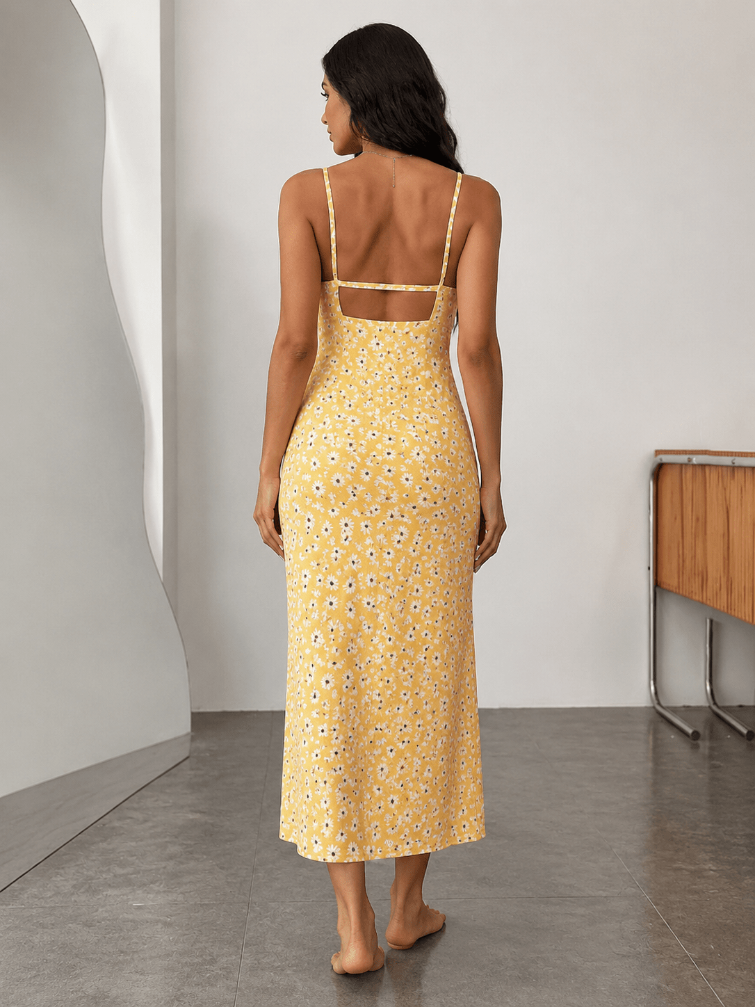 Women's Daisy Floral Midi Dress | Square Neck Spaghetti Strap Bodycon Dress - Edin London