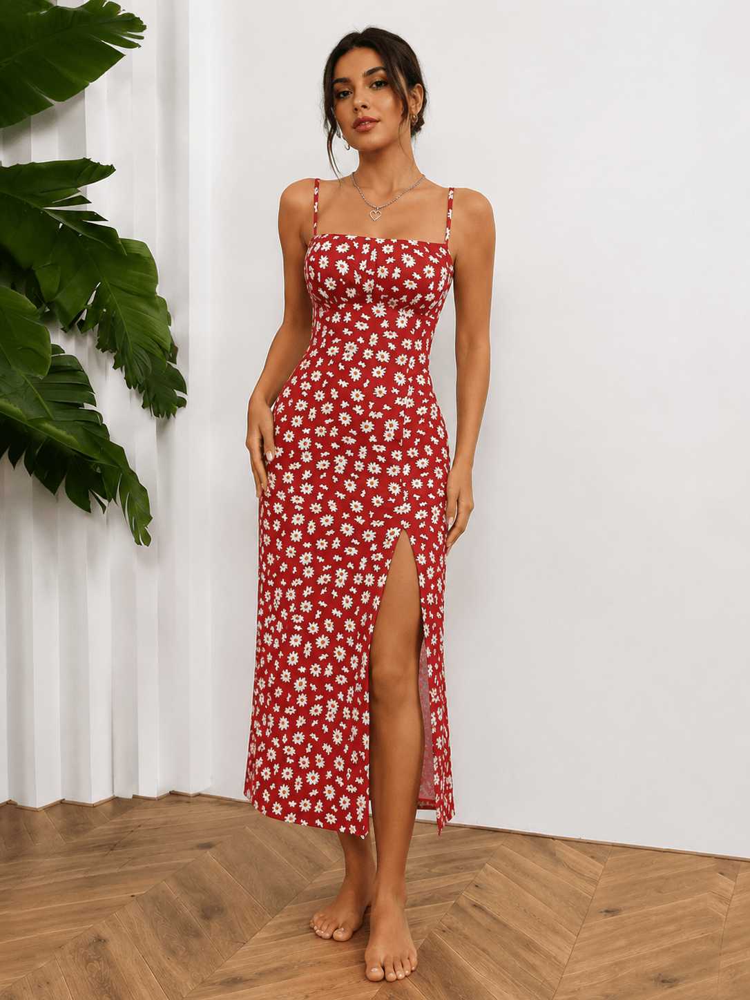 Women's Daisy Floral Midi Dress | Square Neck Spaghetti Strap Bodycon Dress - Edin London