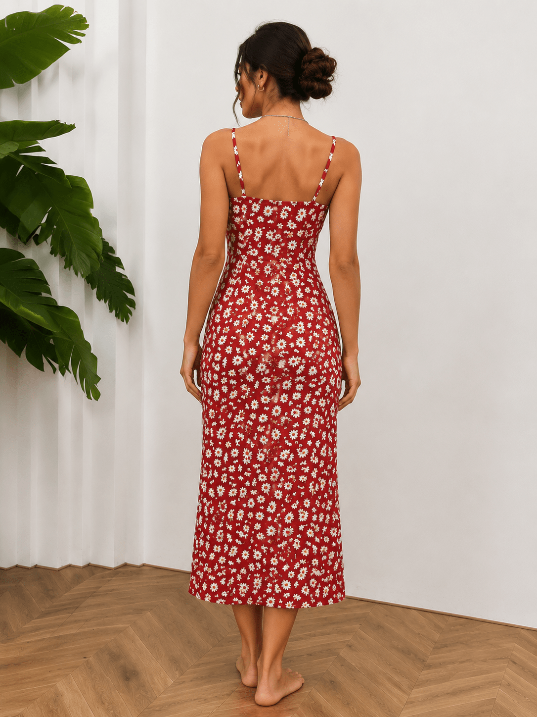 Women's Daisy Floral Midi Dress | Square Neck Spaghetti Strap Bodycon Dress - Edin London