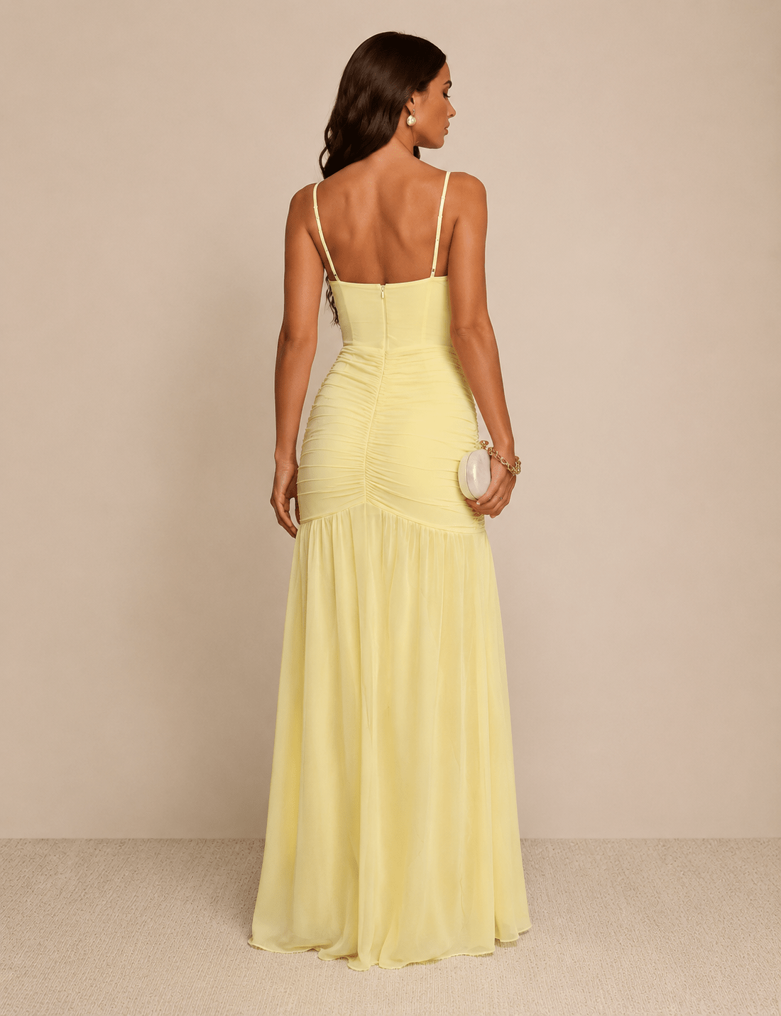 Women's Deep V Neck Yellow Ruched Maxi Dress - Edin London