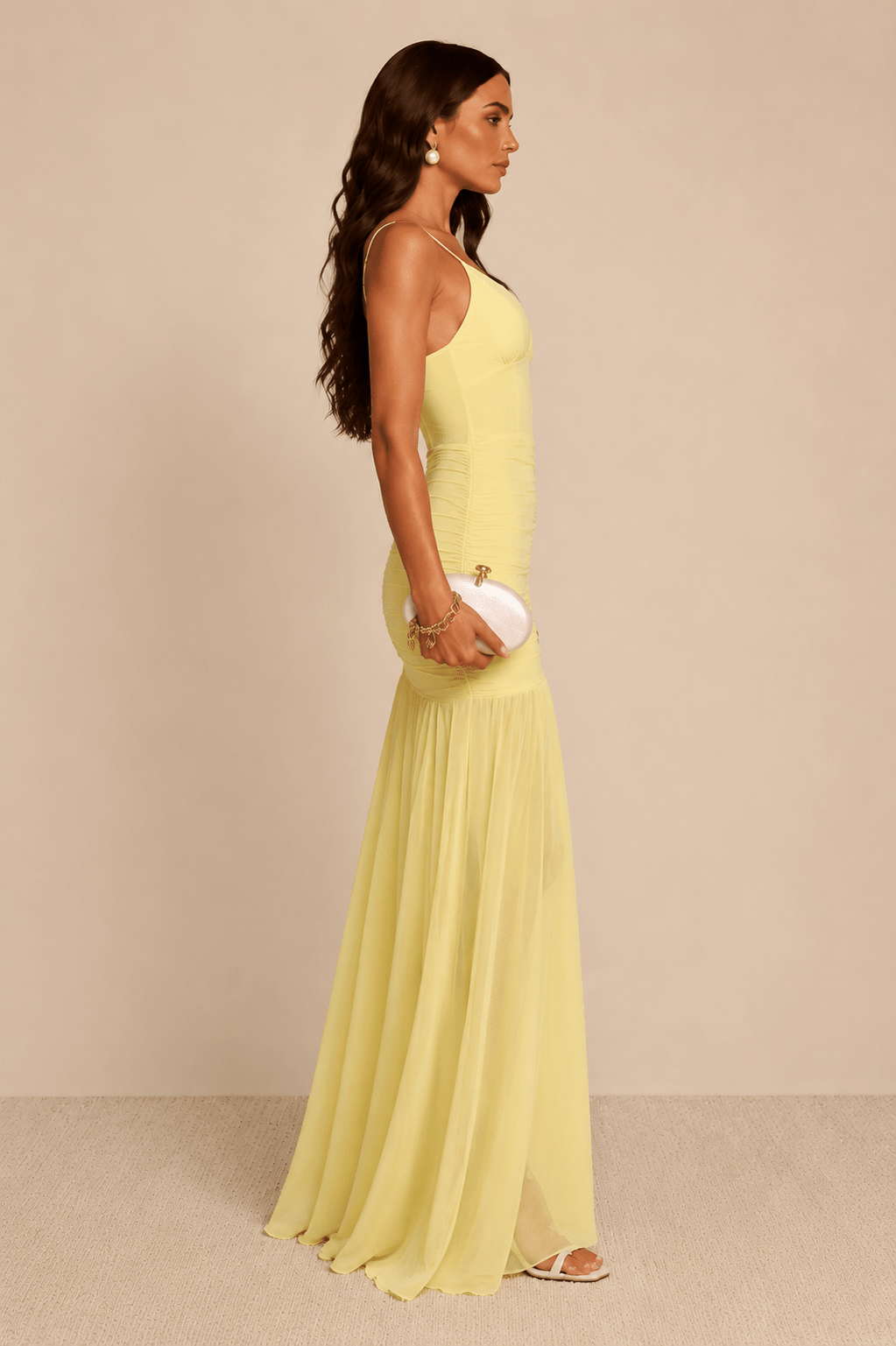 Women's Deep V Neck Yellow Ruched Maxi Dress - Edin London