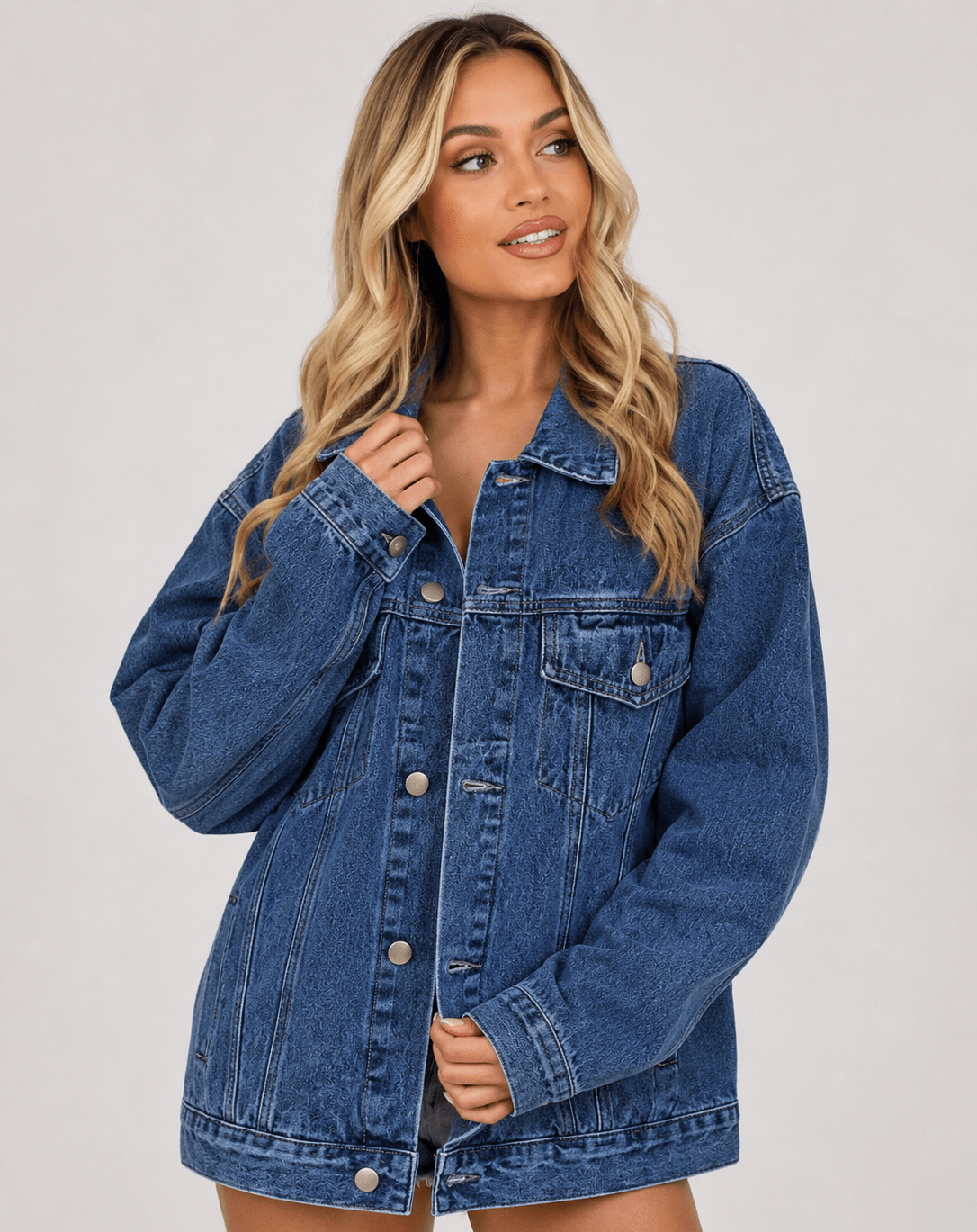 Women's Denim Jacket Denim Long Sleeve Oversized Button Fashion Jacket - Edin London