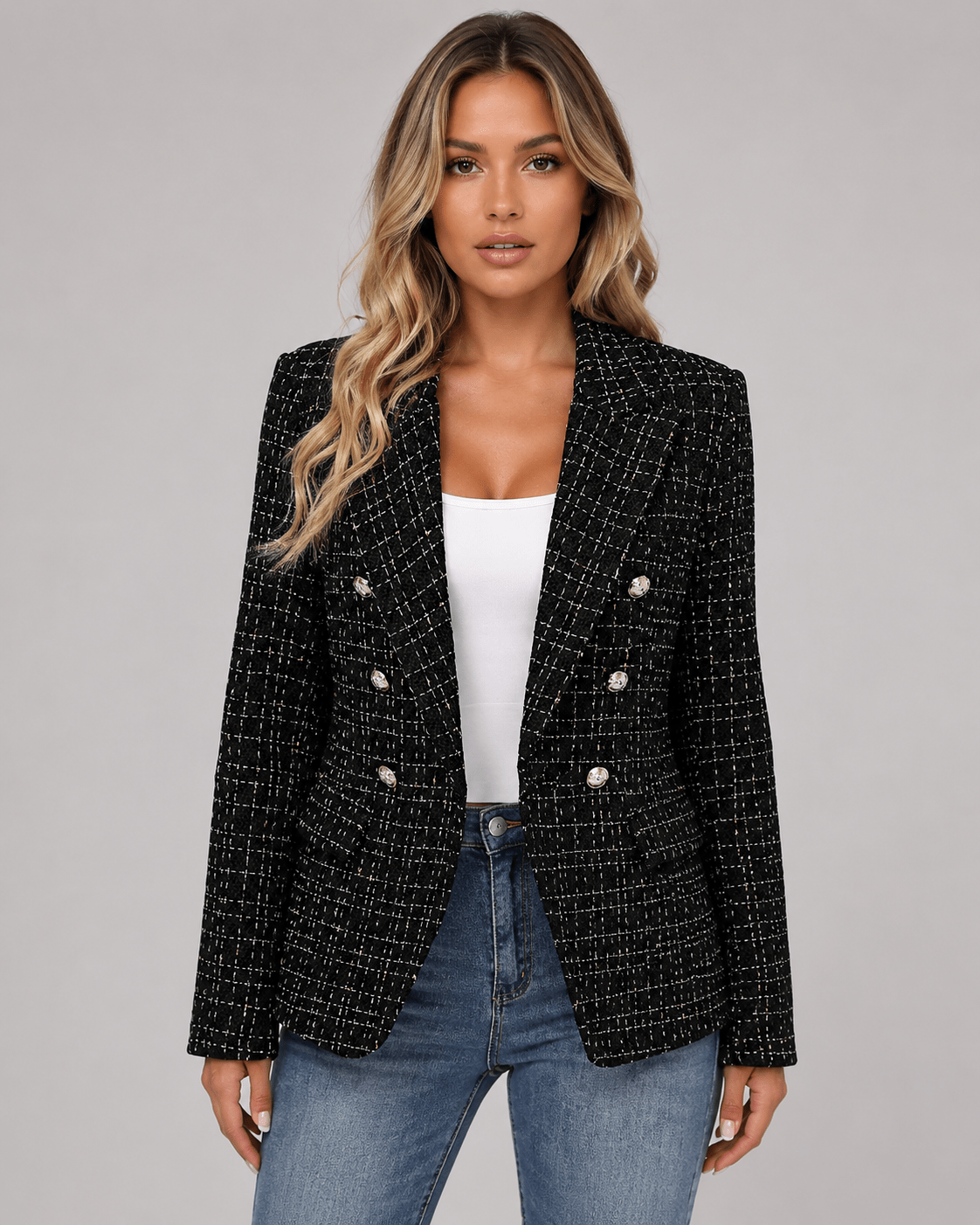 Women's Double Breasted Blazer Elegant Long Sleeve Office Suit Jacket - Edin London