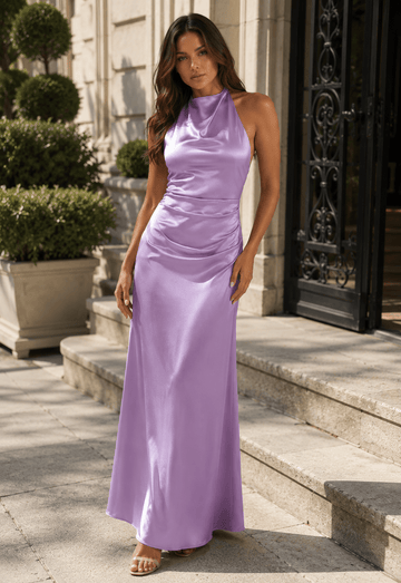 Women's Draped Neck Tie-Waist Backless Maxi Dress Elegant Ruched Summer Evening Party Dress - Edin London