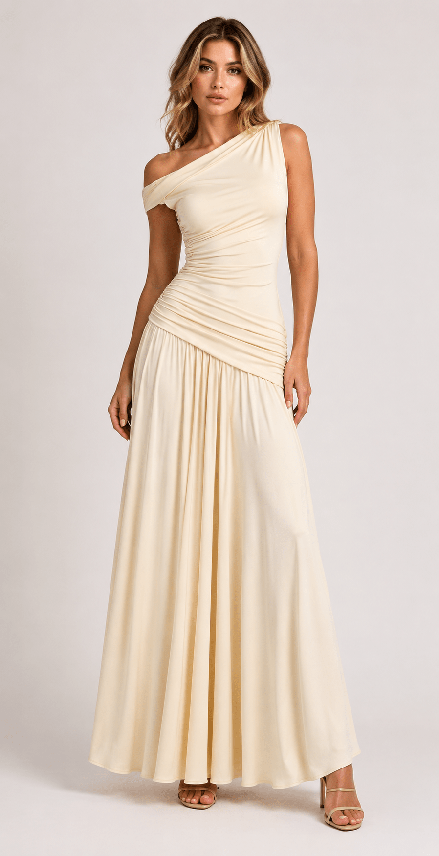 Women's Elegant Asymmetrical Neck Ruched Maxi Dress Sleeveless Graduation, Birthday Party & Evening Occasion Dress - Edin London
