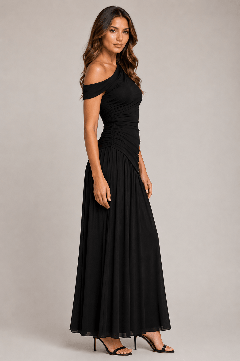 Women's Elegant Asymmetrical Neck Ruched Maxi Dress Sleeveless Graduation, Birthday Party & Evening Occasion Dress - Edin London