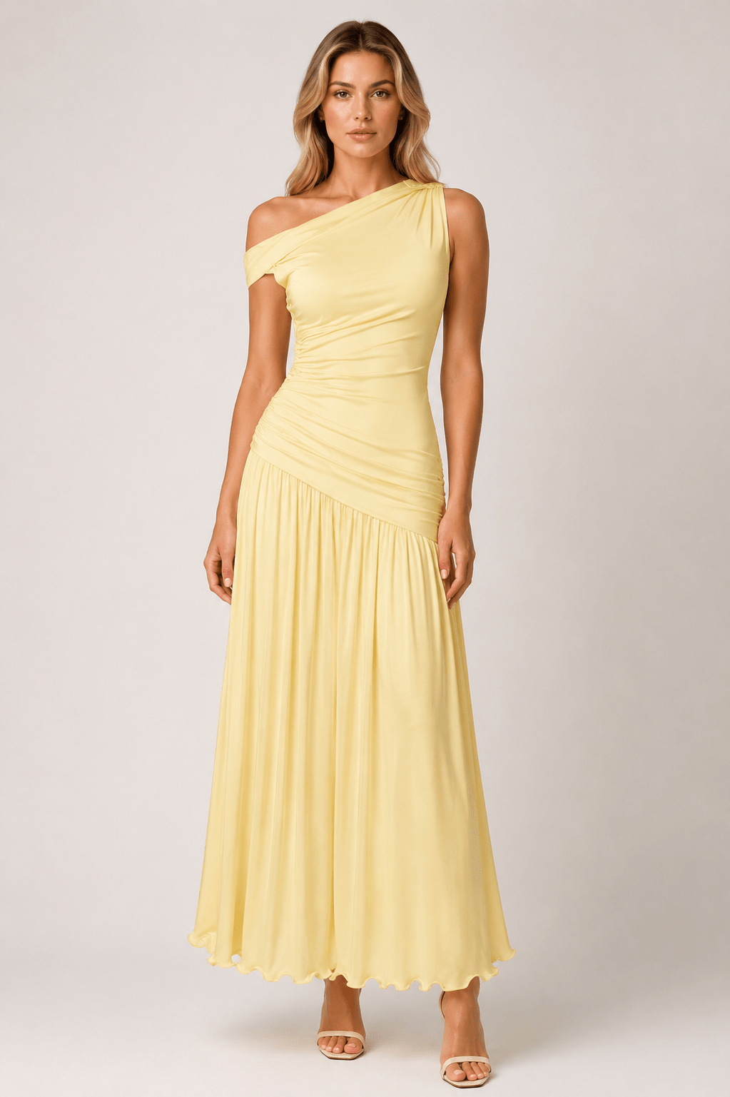 Women's Elegant Asymmetrical Neck Ruched Maxi Dress Sleeveless Graduation, Birthday Party & Evening Occasion Dress - Edin London