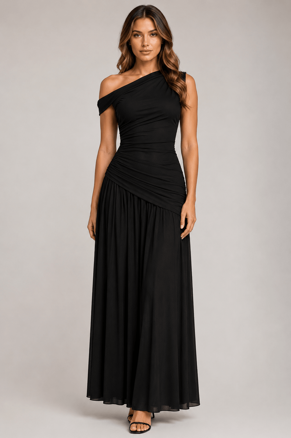 Women's Elegant Asymmetrical Neck Ruched Maxi Dress Sleeveless Graduation, Birthday Party & Evening Occasion Dress - Edin London