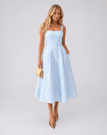 Women's Elegant Blue Textured Midi Dress – Sweetheart Neckline A - Line Summer Occasion Dress - Edin London