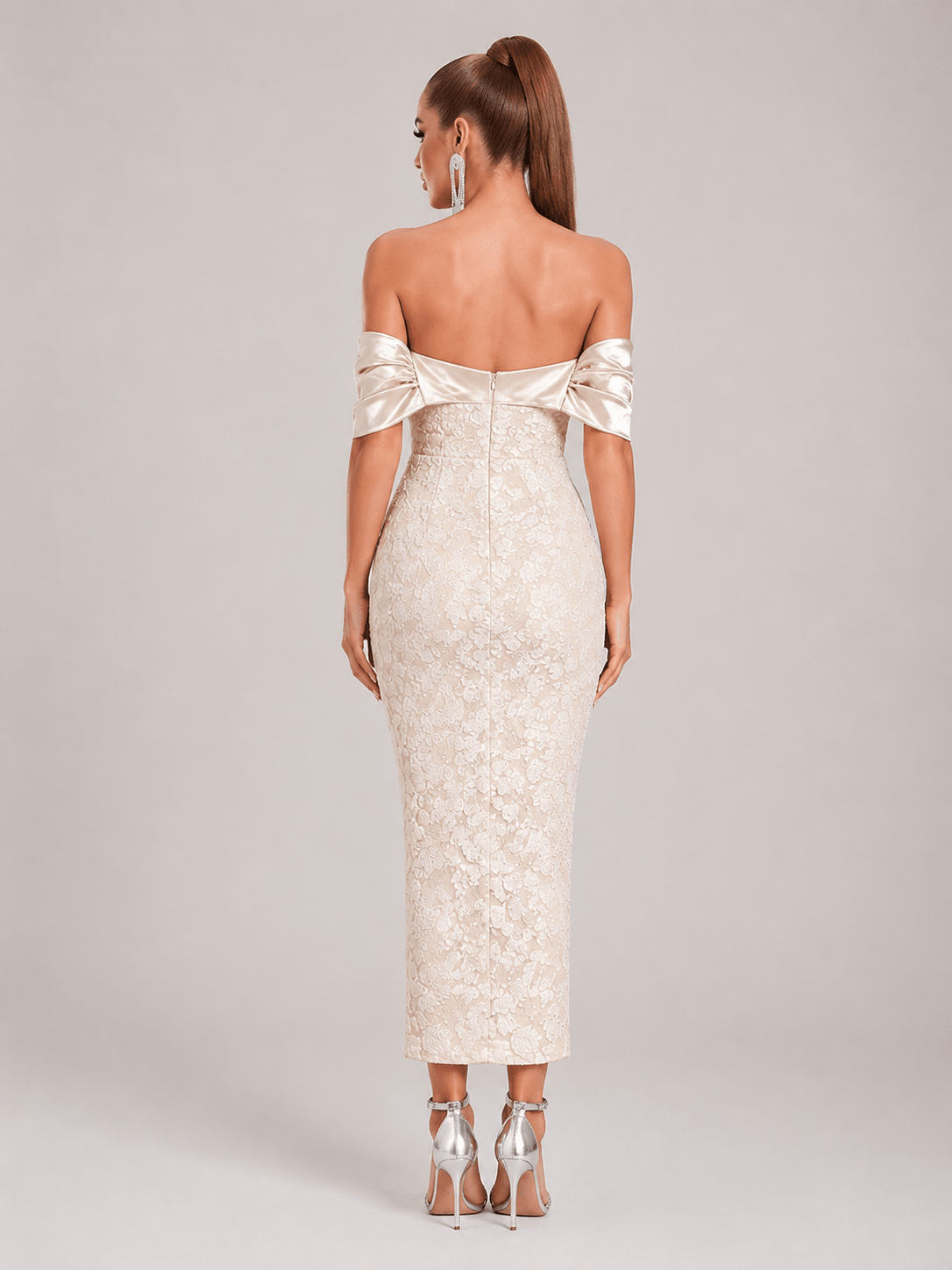 Women's Elegant Off-Shoulder Jacquard Midi Dress – High Waist Slim Fit Party & Occasion Dress - Edin London