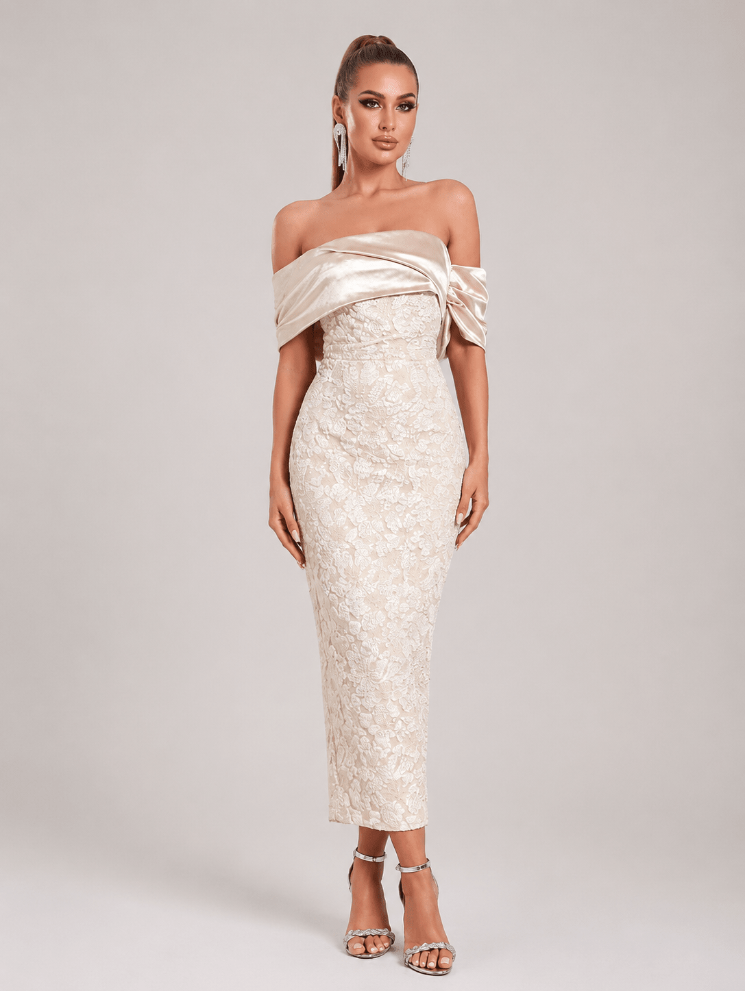 Women's Elegant Off-Shoulder Jacquard Midi Dress – High Waist Slim Fit Party & Occasion Dress - Edin London