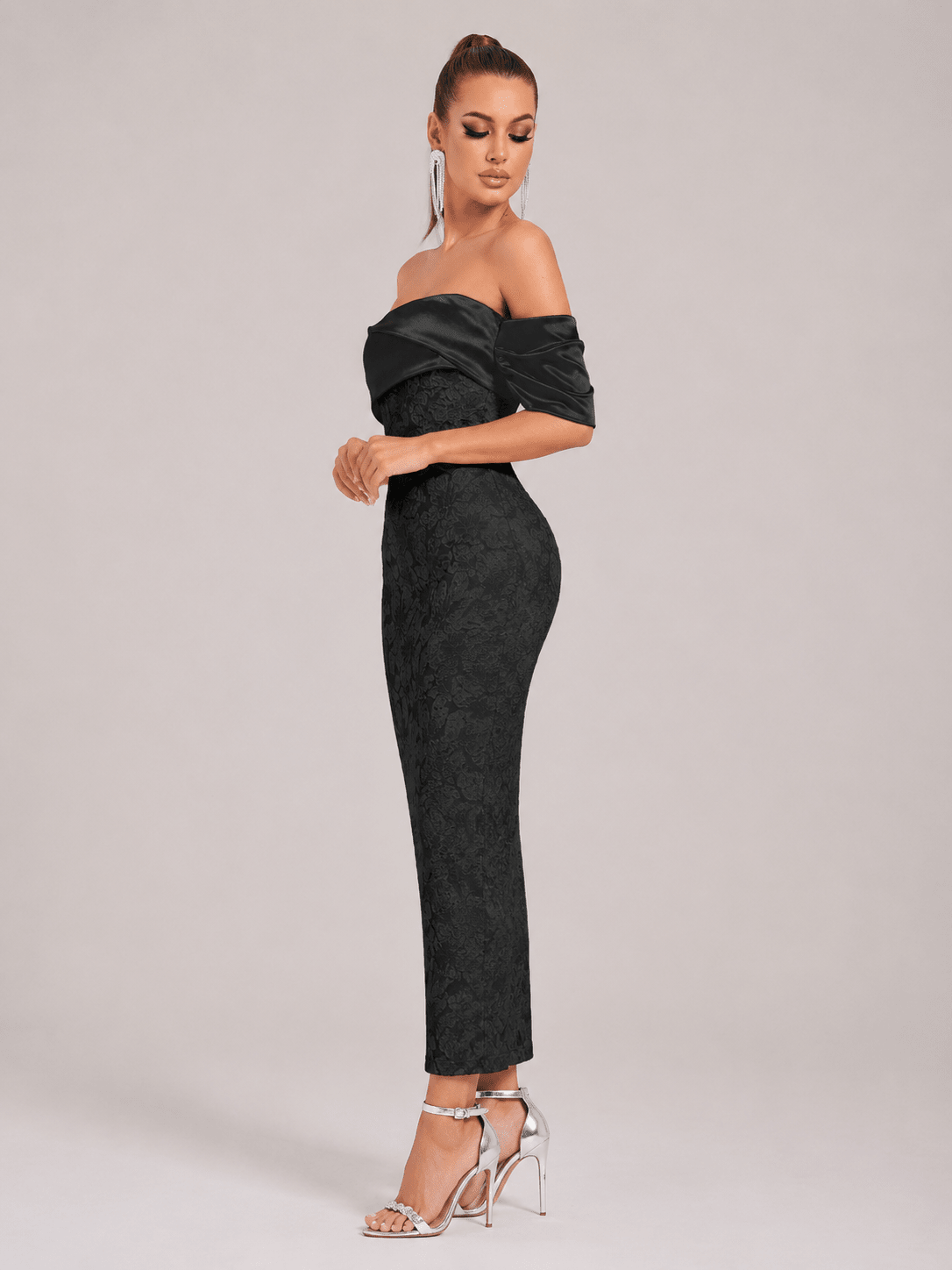 Women's Elegant Off-Shoulder Jacquard Midi Dress – High Waist Slim Fit Party & Occasion Dress - Edin London