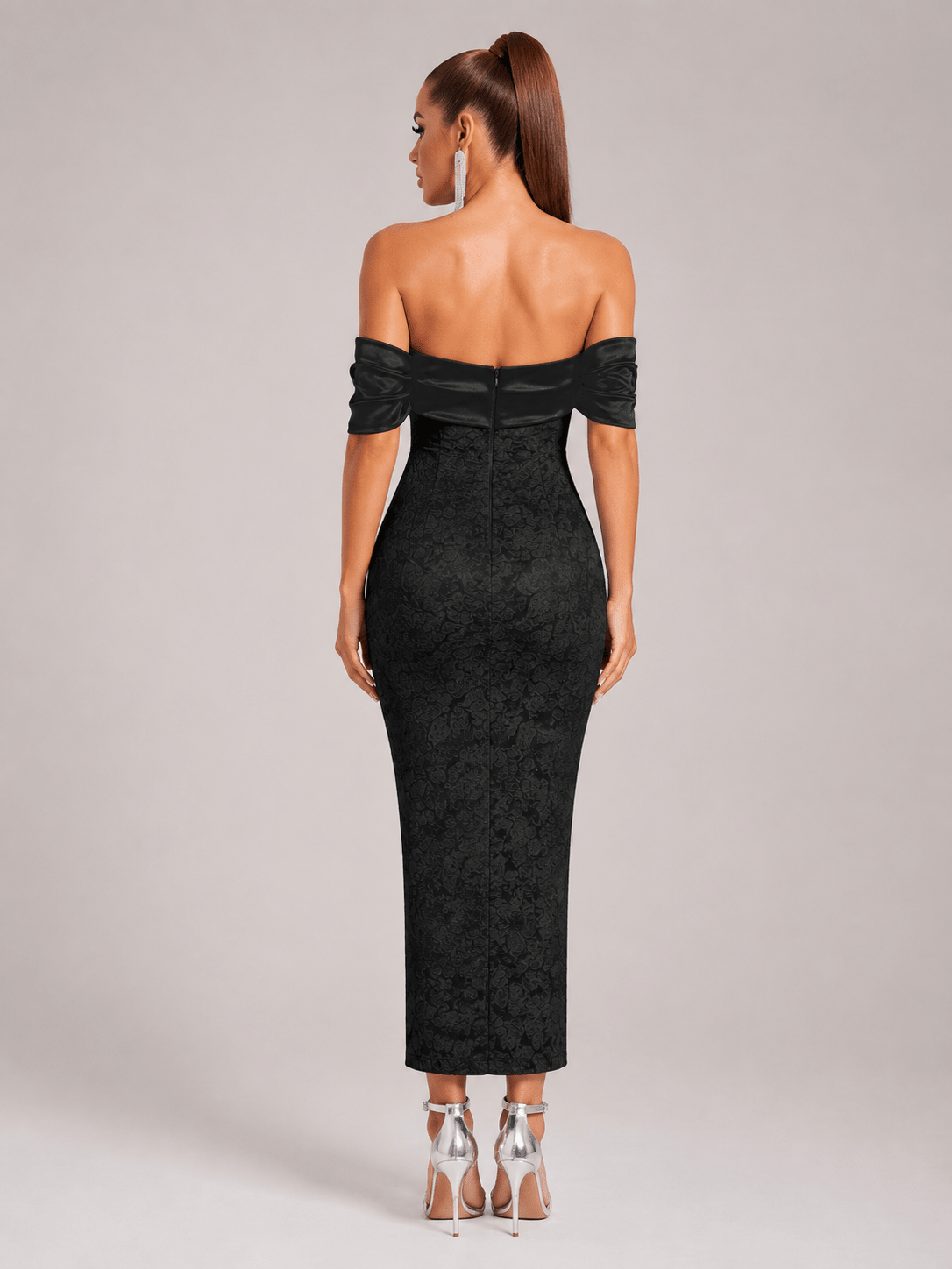 Women's Elegant Off-Shoulder Jacquard Midi Dress – High Waist Slim Fit Party & Occasion Dress - Edin London