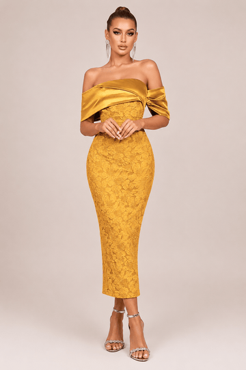 Women's Elegant Off-Shoulder Jacquard Midi Dress – High Waist Slim Fit Party & Occasion Dress - Edin London