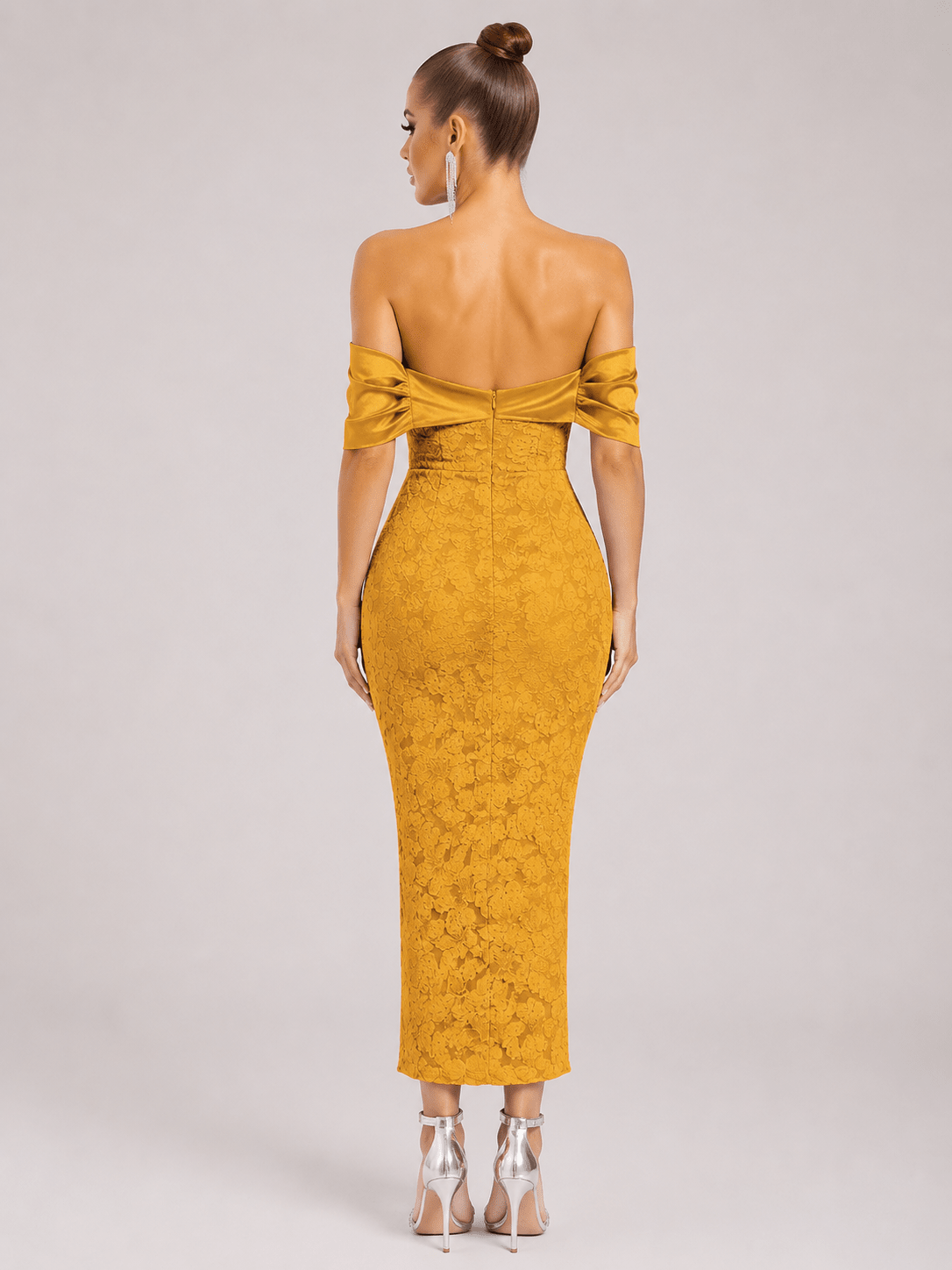 Women's Elegant Off-Shoulder Jacquard Midi Dress – High Waist Slim Fit Party & Occasion Dress - Edin London