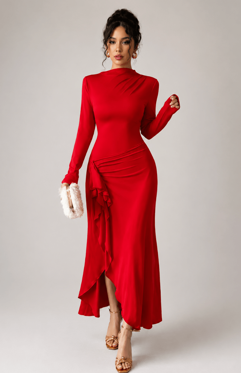Women's Elegant Red Ruffle Split Maxi Dress - Edin London