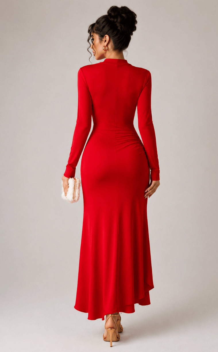 Women's Elegant Red Ruffle Split Maxi Dress - Edin London