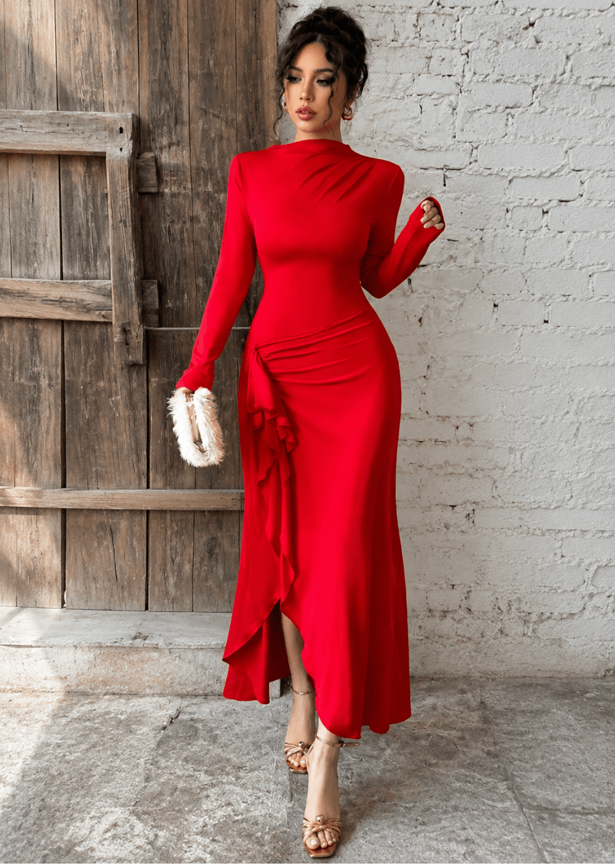 Women's Elegant Red Ruffle Split Maxi Dress - Edin London