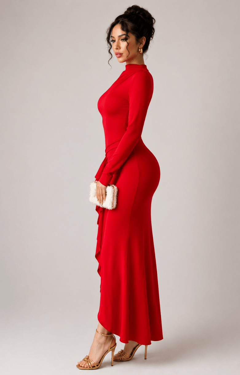 Women's Elegant Red Ruffle Split Maxi Dress - Edin London