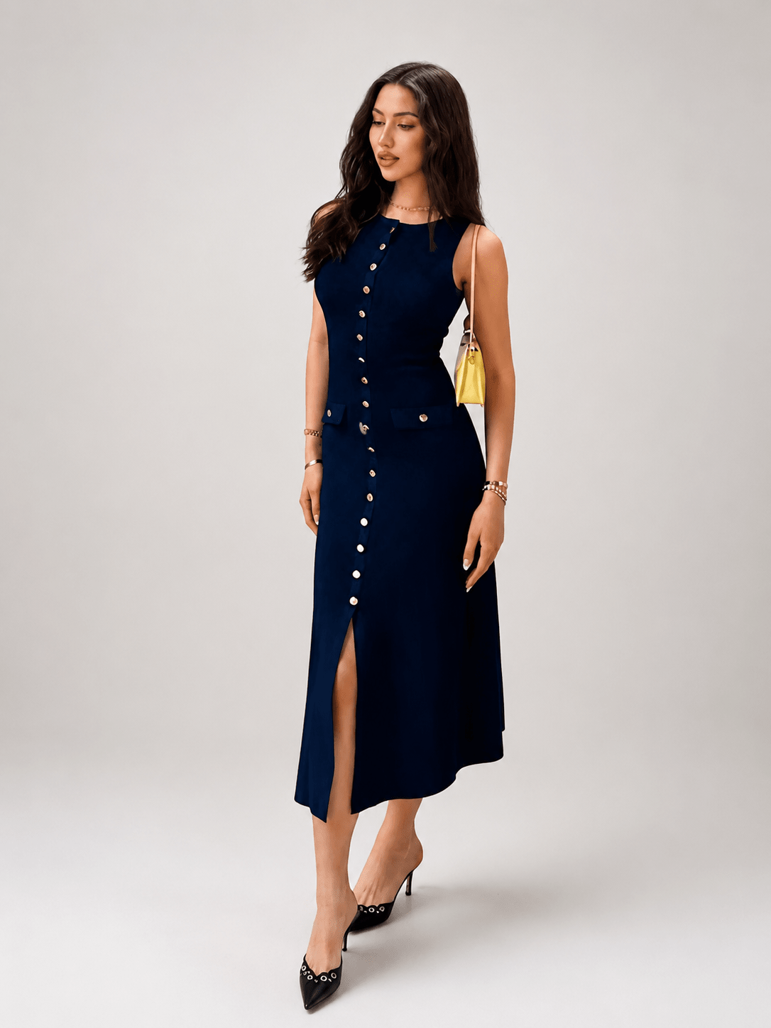 Women's Elegant Ribbed Knit Midi Dress – Sleeveless Button Front Bodycon Sweater Dress - Edin London