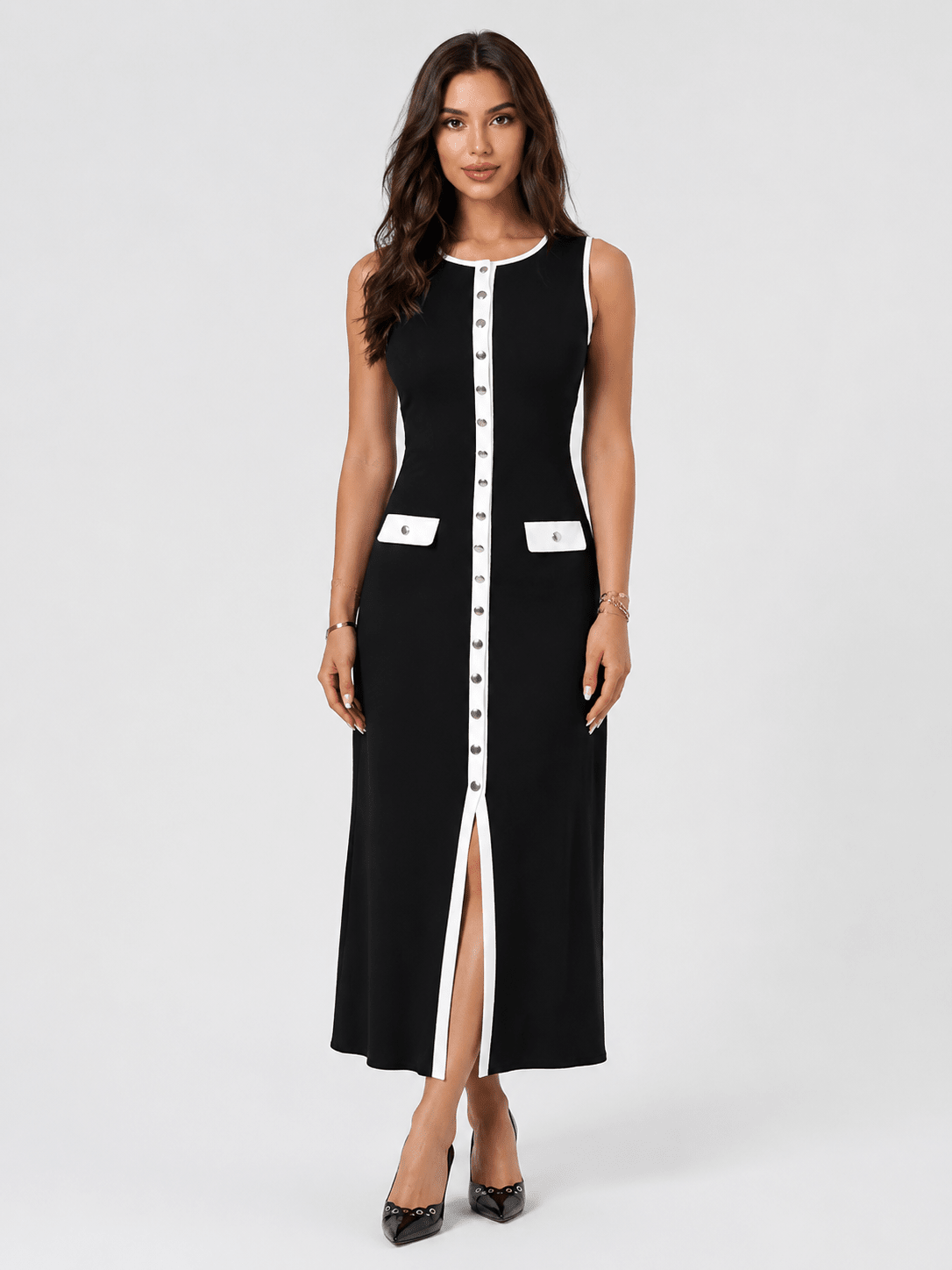 Women's Elegant Ribbed Knit Midi Dress – Sleeveless Button Front Bodycon Sweater Dress - Edin London
