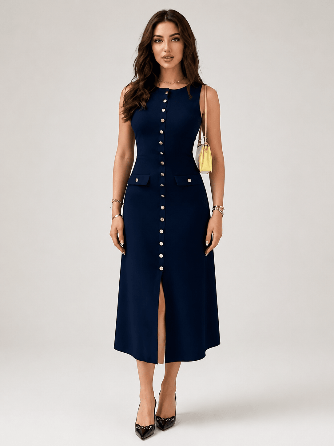 Women's Elegant Ribbed Knit Midi Dress – Sleeveless Button Front Bodycon Sweater Dress - Edin London