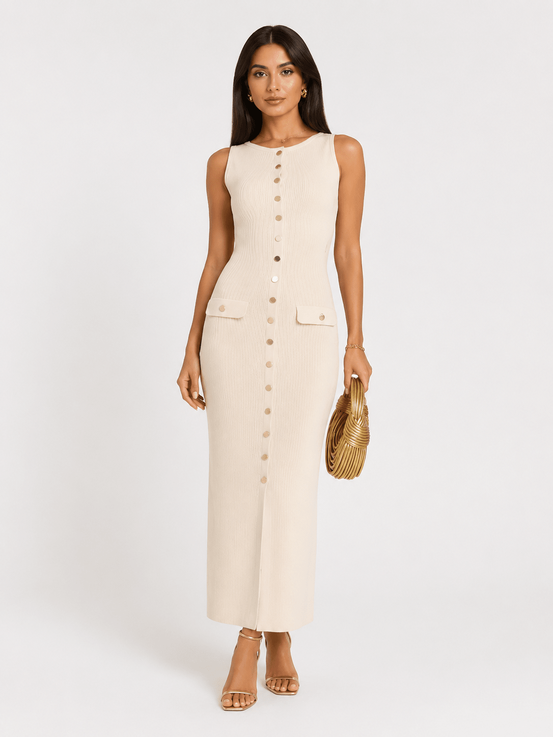Women's Elegant Ribbed Knit Midi Dress – Sleeveless Button Front Bodycon Sweater Dress - Edin London