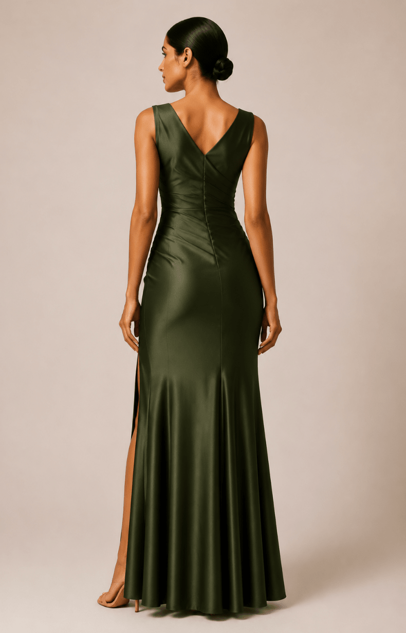 Women's Elegant Satin Maxi Dress – High Slit Bodycon Evening Gown, Sleeveless Slim Fit - Edin London