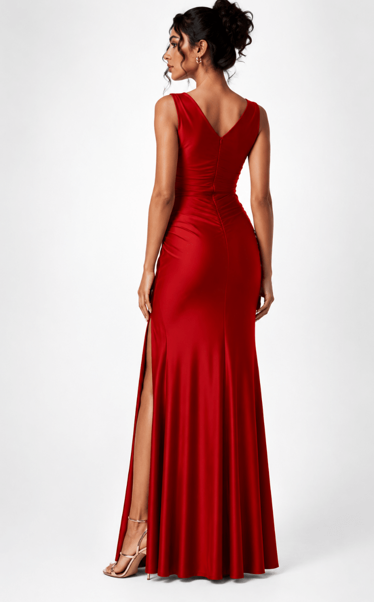 Women's Elegant Satin Maxi Dress – High Slit Bodycon Evening Gown, Sleeveless Slim Fit - Edin London