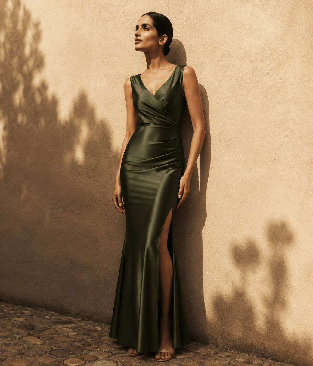 Women's Elegant Satin Maxi Dress – High Slit Bodycon Evening Gown, Sleeveless Slim Fit - Edin London