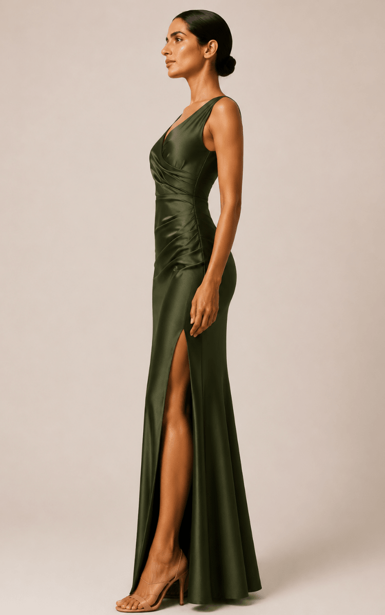 Women's Elegant Satin Maxi Dress – High Slit Bodycon Evening Gown, Sleeveless Slim Fit - Edin London