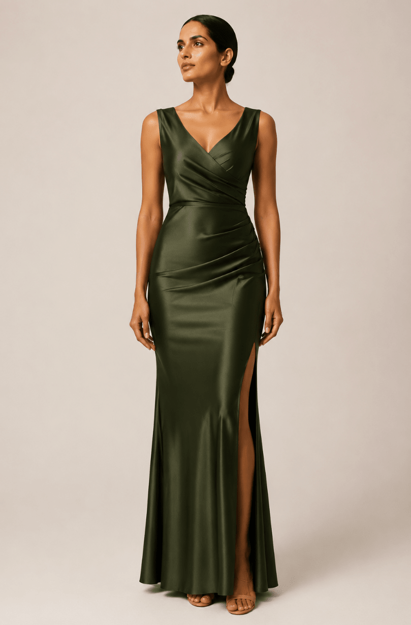 Women's Elegant Satin Maxi Dress – High Slit Bodycon Evening Gown, Sleeveless Slim Fit - Edin London
