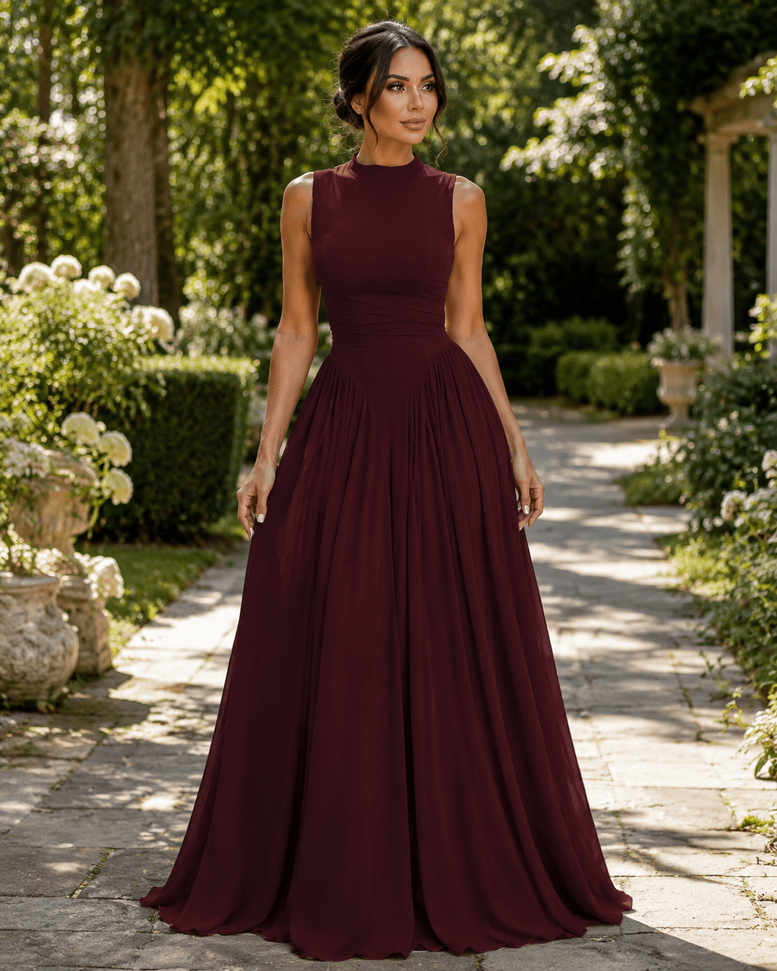 Women's Elegant Sleeveless Ruched Dress Round Neck Slim Fit Party & Occasion Dress - Edin London