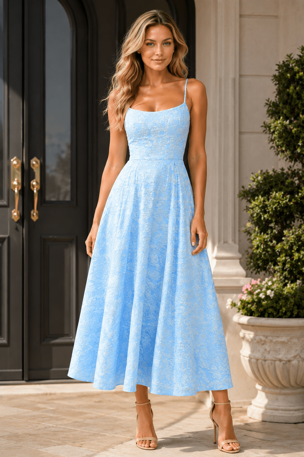 Women's Elegant Spaghetti Strap Midi Dress French Style Wedding Guest & Party Dress - Edin London