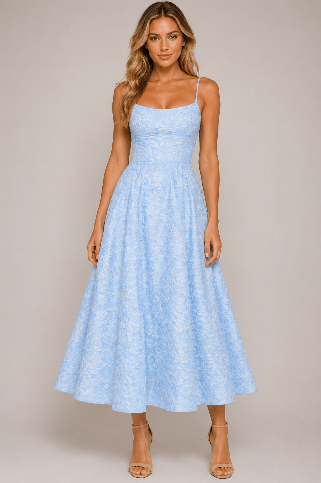 Women's Elegant Spaghetti Strap Midi Dress French Style Wedding Guest & Party Dress - Edin London