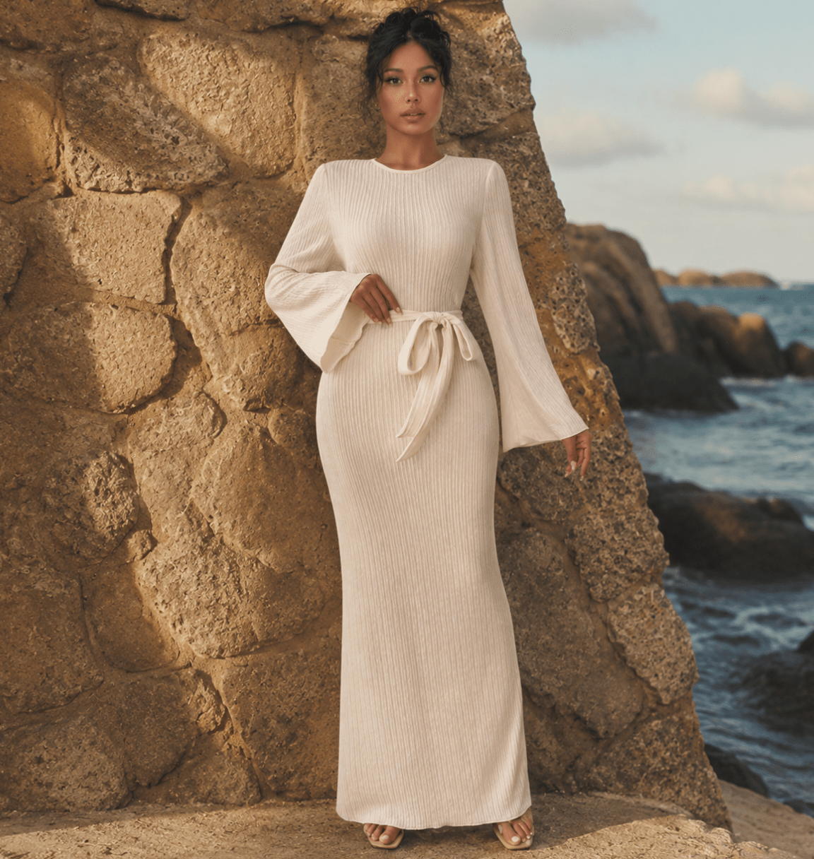 Women's Flared Sleeve Maxi Dress – Elegant High Waist Tie Belt Long Dress - Edin London