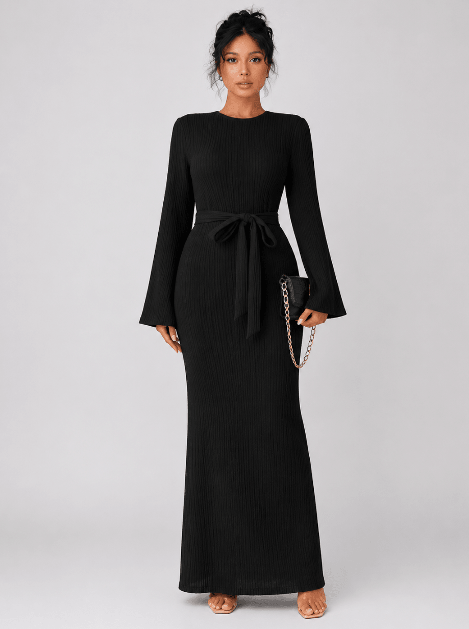 Women's Flared Sleeve Maxi Dress – Elegant High Waist Tie Belt Long Dress - Edin London