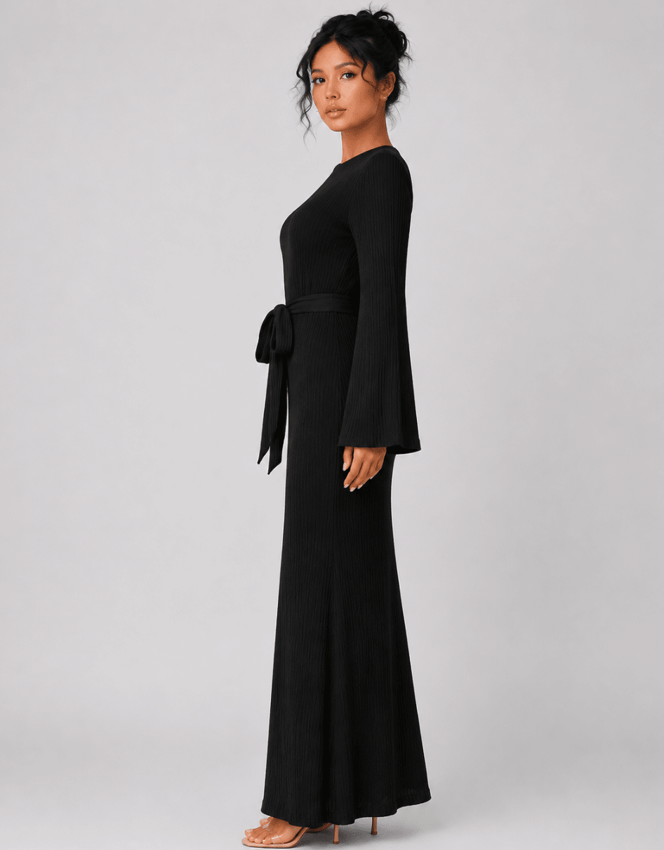 Women's Flared Sleeve Maxi Dress – Elegant High Waist Tie Belt Long Dress - Edin London