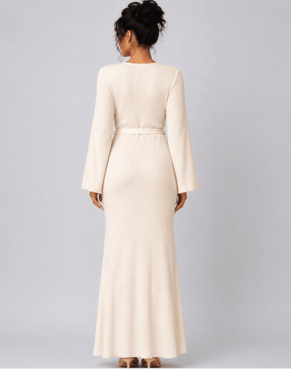 Women's Flared Sleeve Maxi Dress – Elegant High Waist Tie Belt Long Dress - Edin London