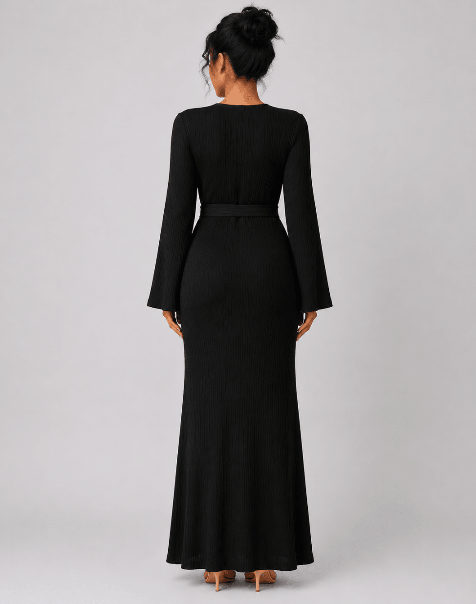 Women's Flared Sleeve Maxi Dress – Elegant High Waist Tie Belt Long Dress - Edin London