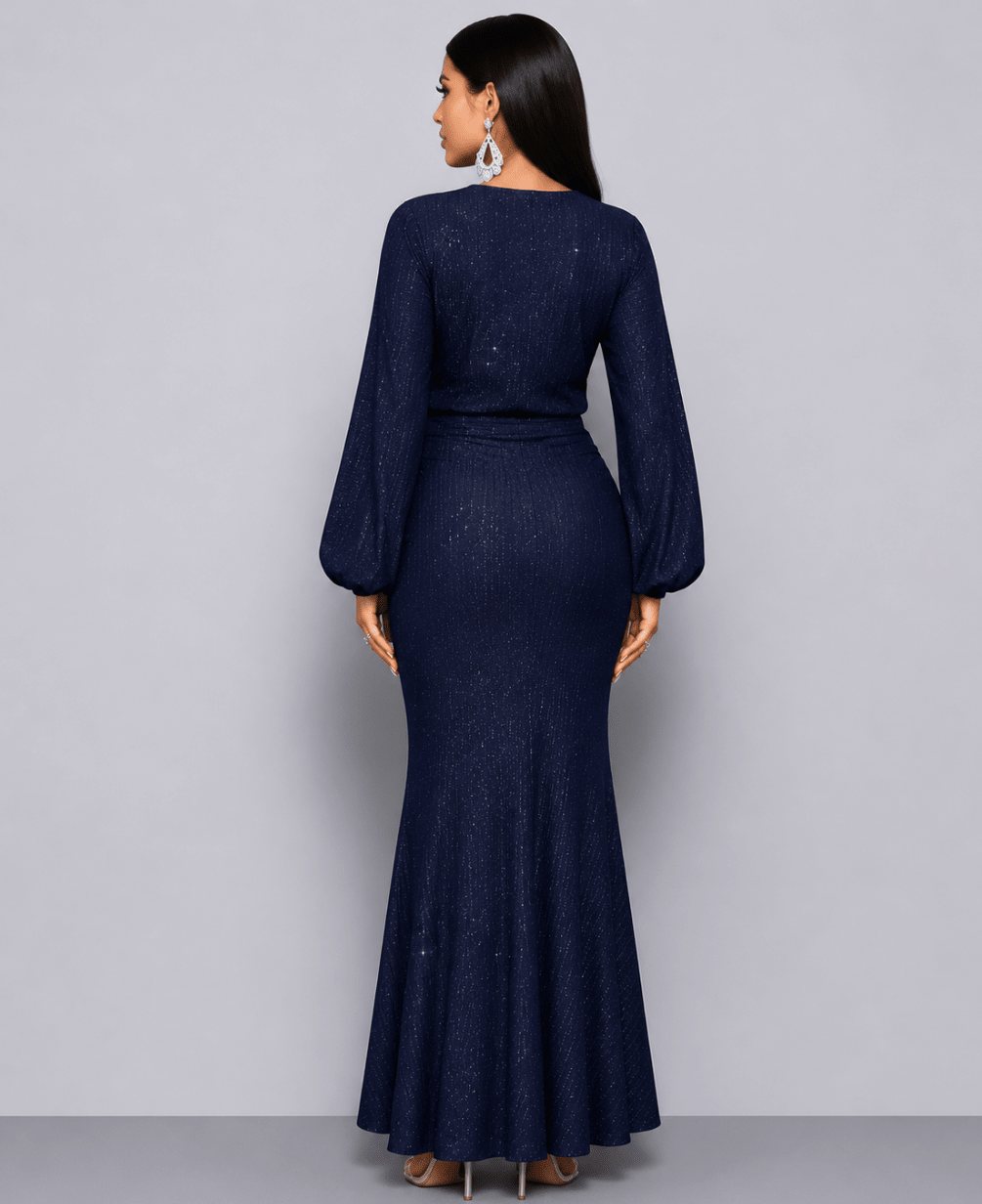 Women's Glitter Mermaid Maxi Dress – Long Lantern Sleeve Bishop Sleeve Sparkle Evening Gown, Emerald - Edin London
