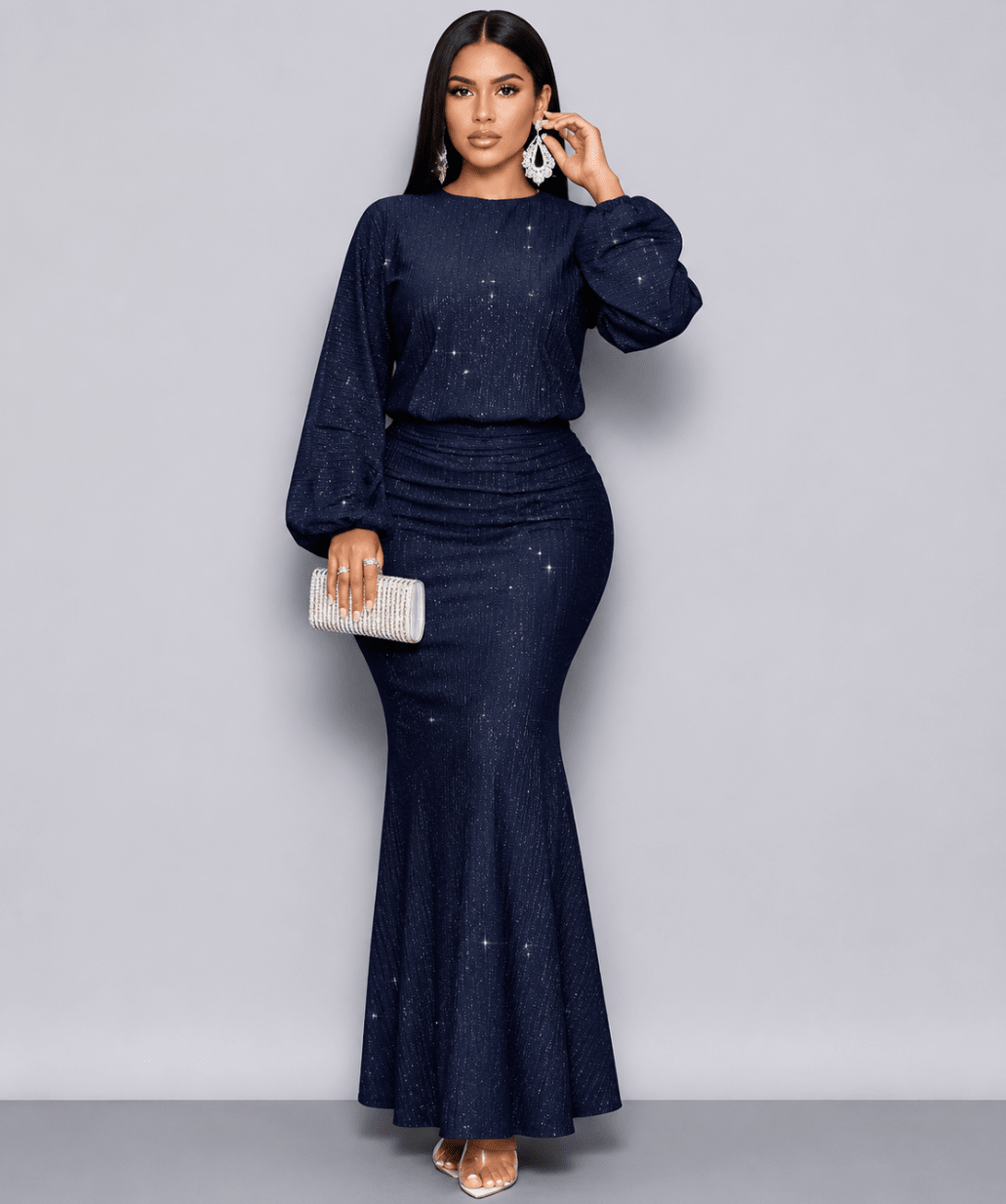Women's Glitter Mermaid Maxi Dress – Long Lantern Sleeve Bishop Sleeve Sparkle Evening Gown, Emerald - Edin London