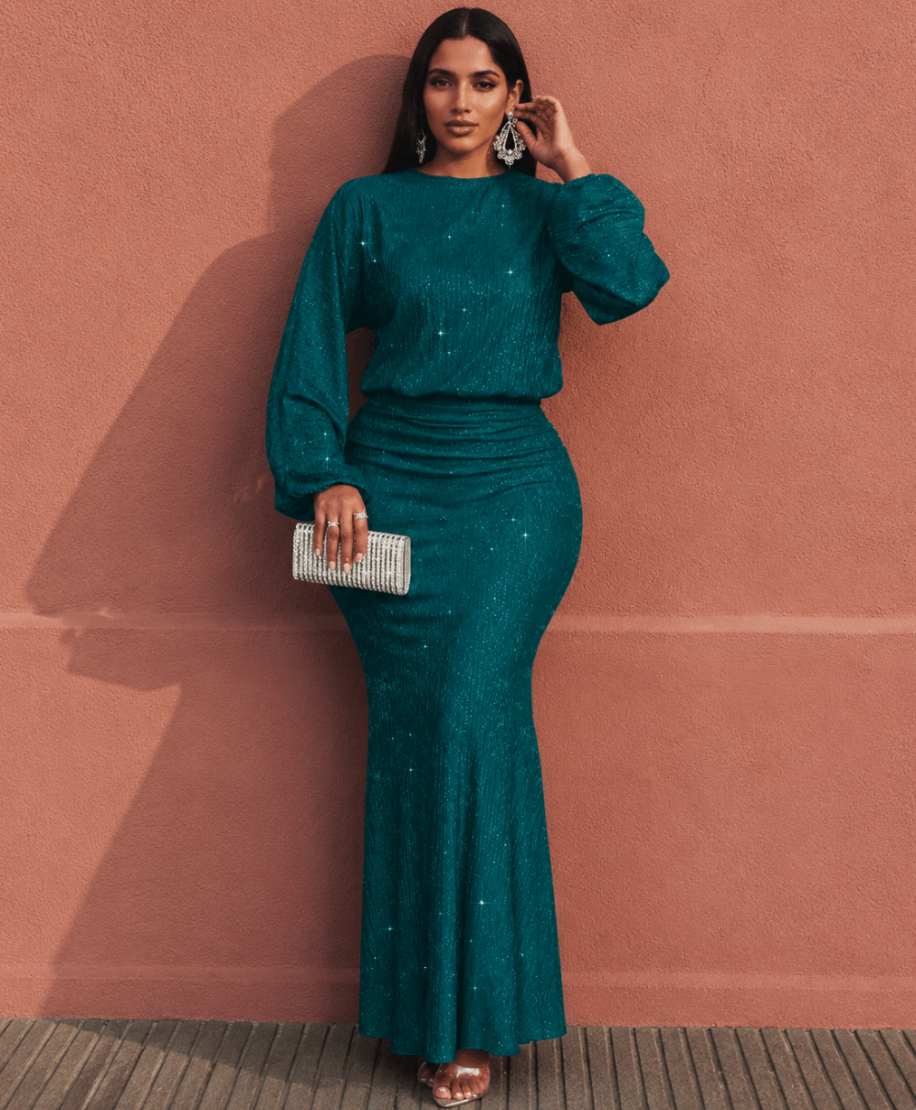 Women's Glitter Mermaid Maxi Dress – Long Lantern Sleeve Bishop Sleeve Sparkle Evening Gown, Emerald - Edin London